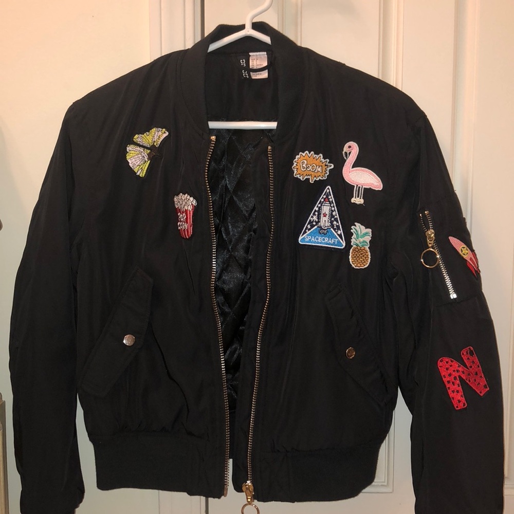 Patched Black Bomber Jacket